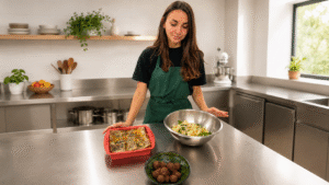 Laurine elaborando platos saludables en una cocina profesional, con recetas equilibradas y personalizadas para el bienestar y el rendimiento.